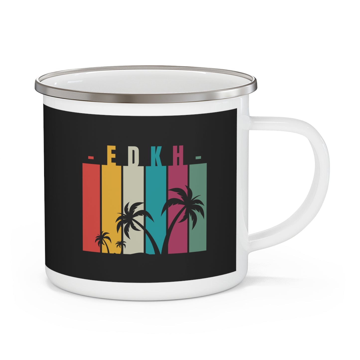EDKH Vibrant Enamel Camping Mug, Retro Outdoor Mug, Travel Coffee Cup, Adventure Mug, Gift for Campers, Vibrant Palm Tree Design