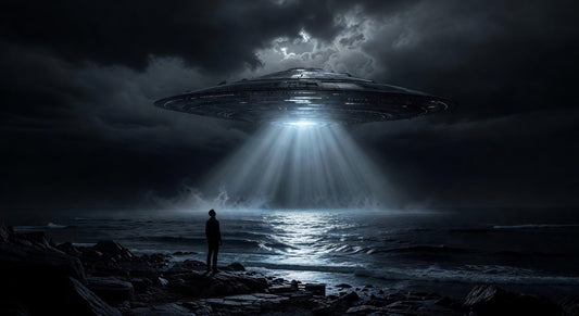 A lone figure silhouetted against a massive glowing craft over a dark ocean at night