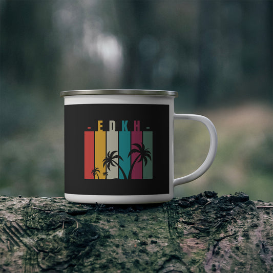 EDKH Vibrant Enamel Camping Mug, Retro Outdoor Mug, Travel Coffee Cup, Adventure Mug, Gift for Campers, Vibrant Palm Tree Design
