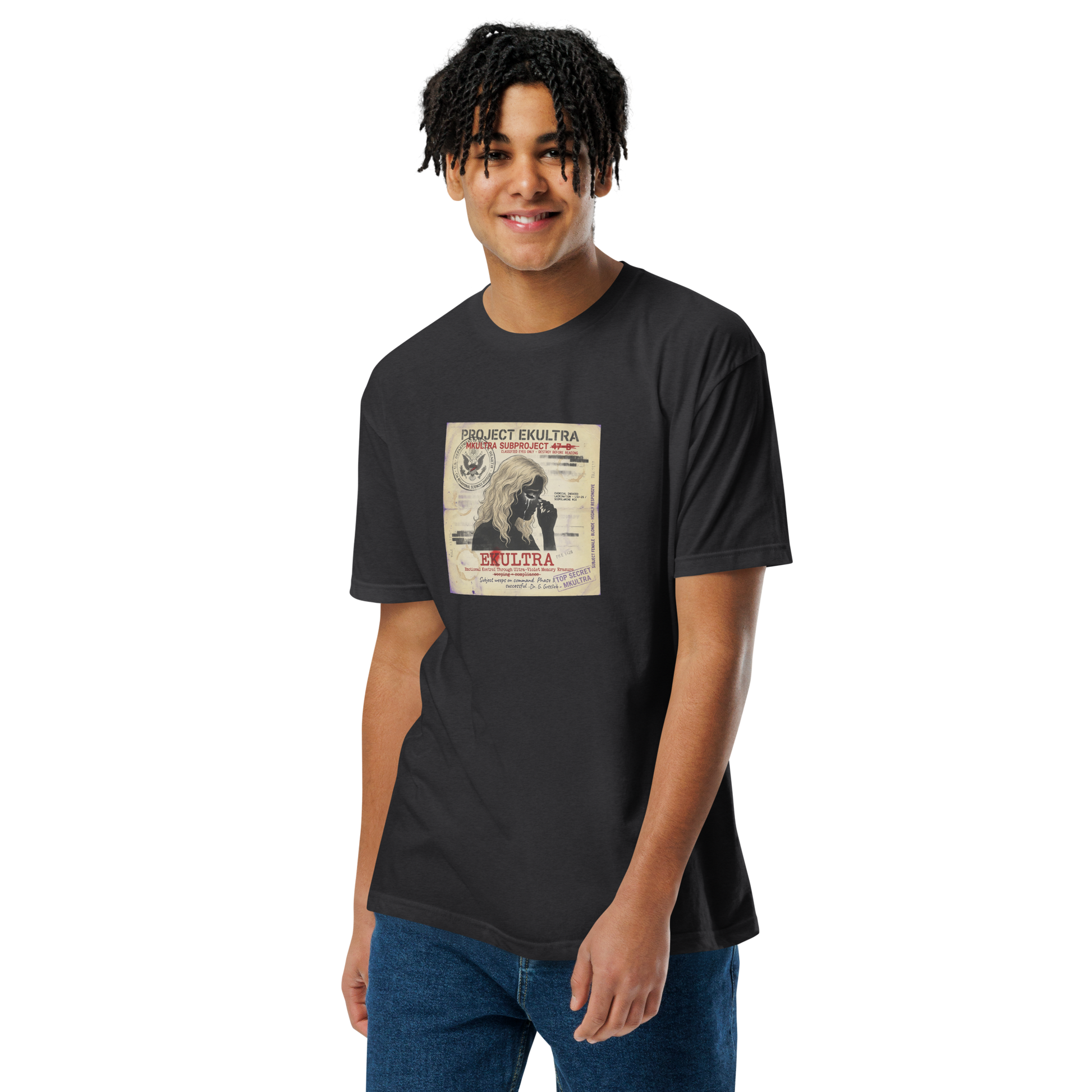 EK Ultra Subproject 47-B conspiracy t-shirt — Black front — Conspiracy Den MKUltra tee