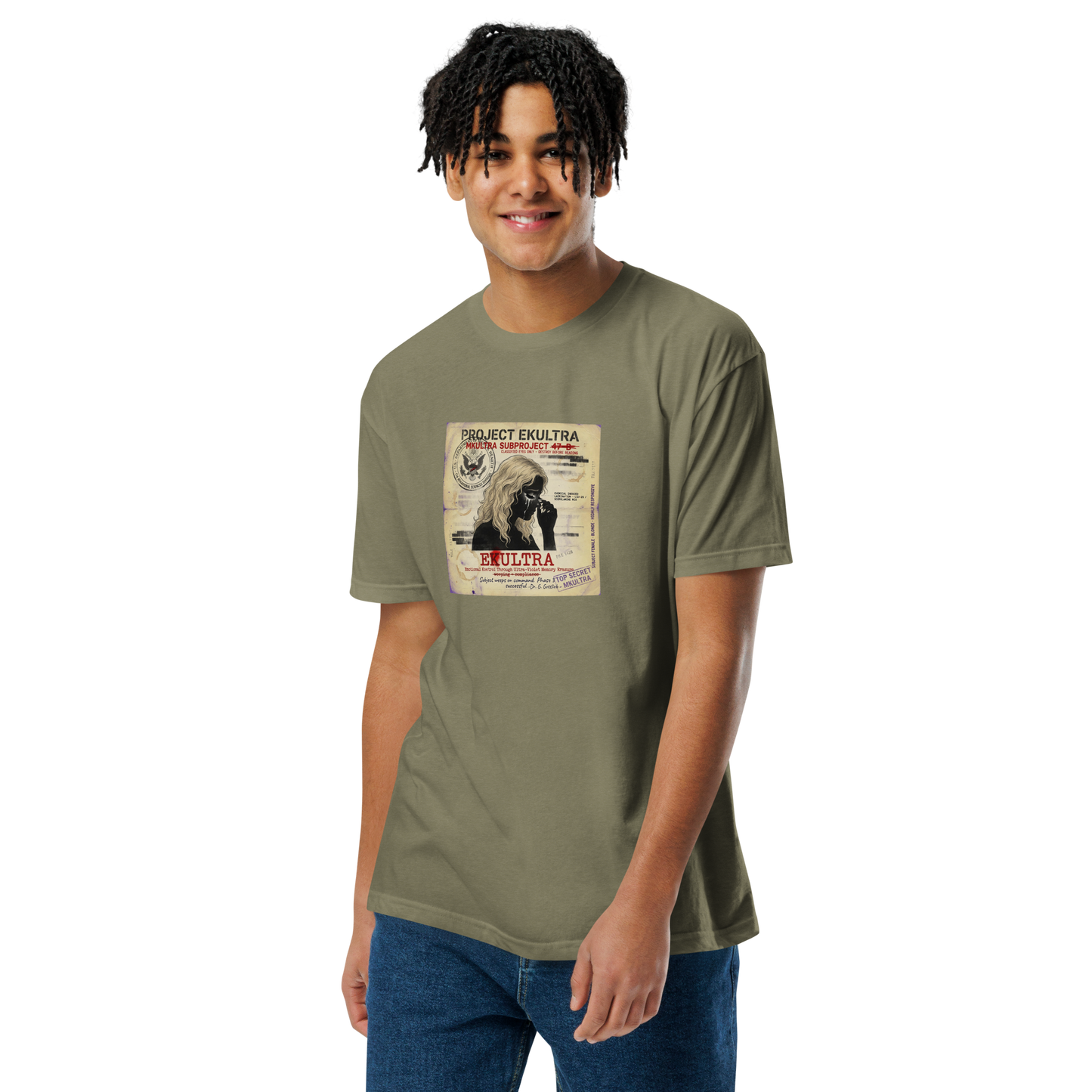 EK Ultra Subproject 47-B conspiracy t-shirt — Military Green front — Conspiracy Den MKUltra tee
