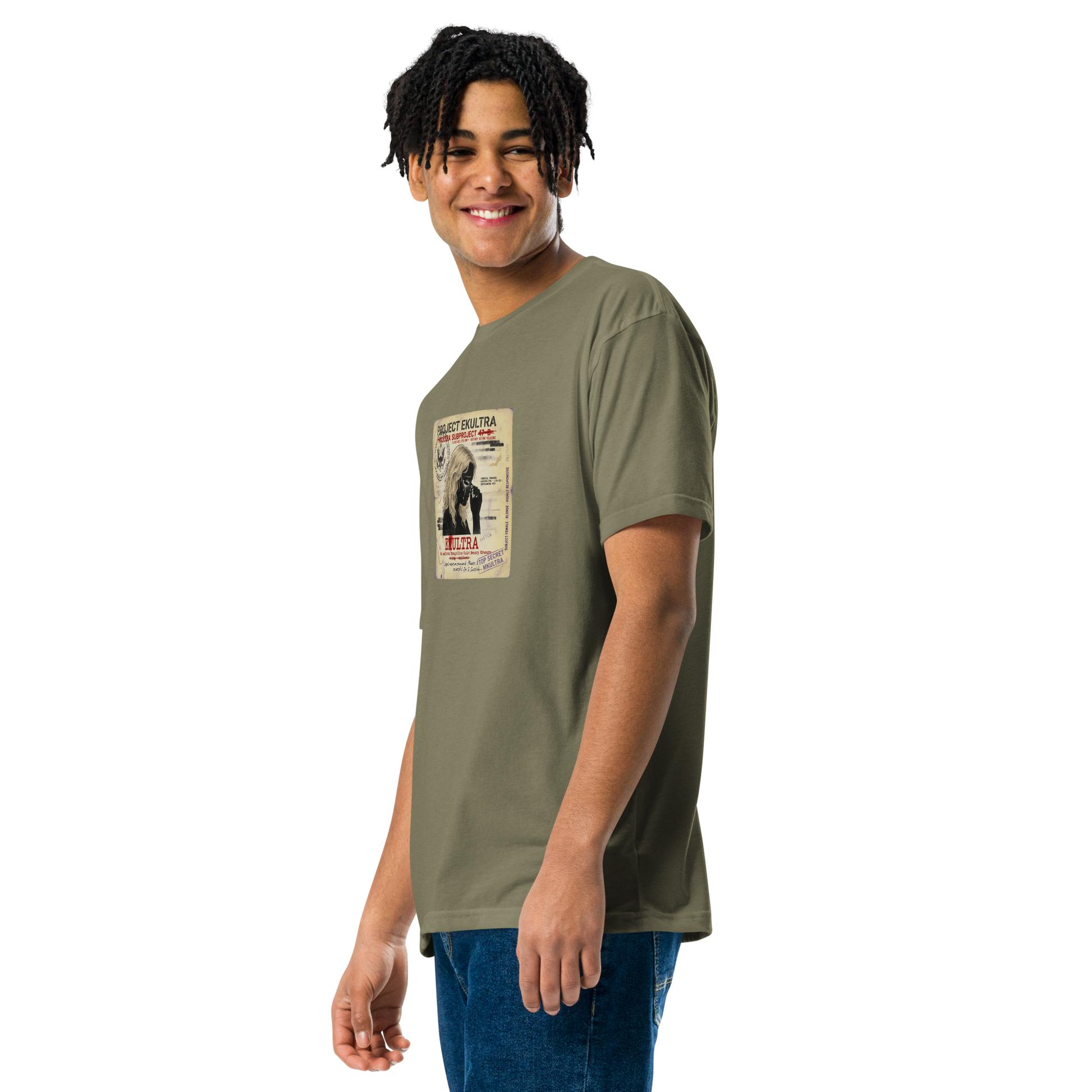EK Ultra Subproject 47-B conspiracy t-shirt — Military Green side — Conspiracy Den MKUltra tee