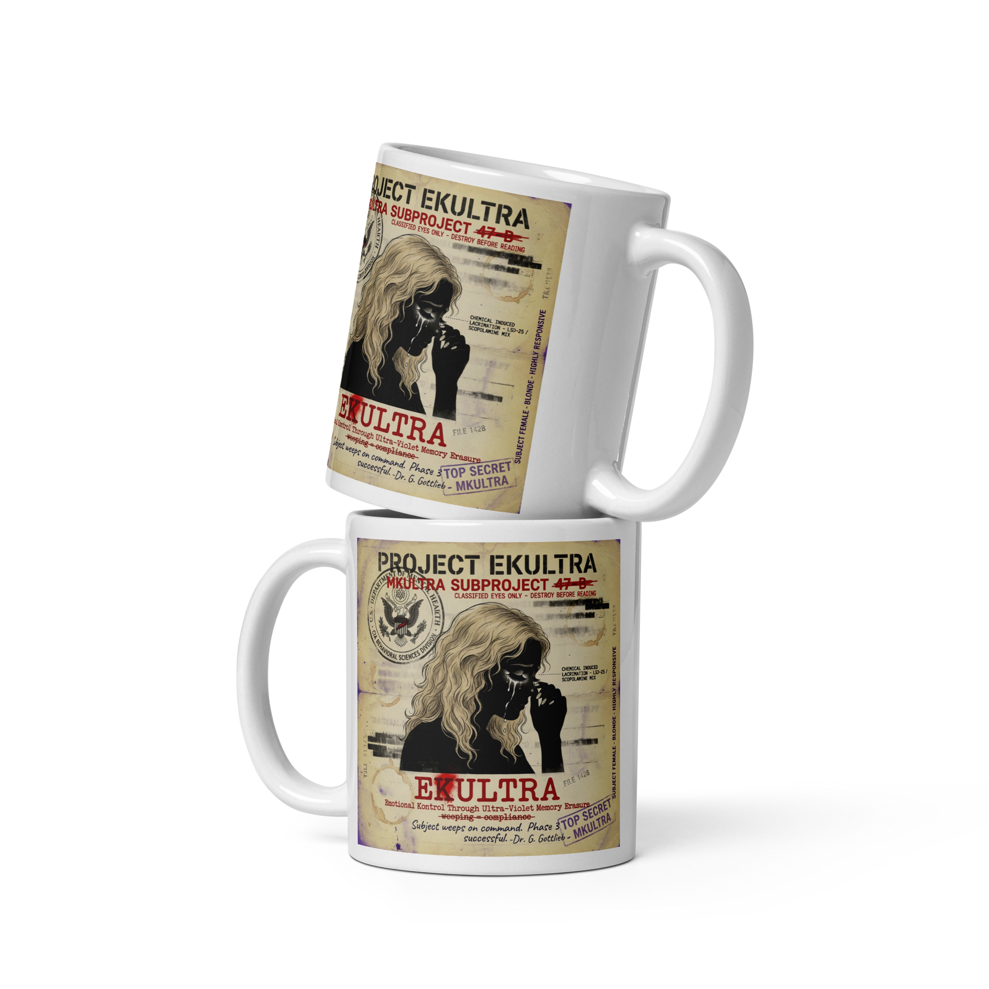 EK Ultra Emotional Kontrol Mug — Subproject 47-B classified document design — 11oz view — Conspiracy Den