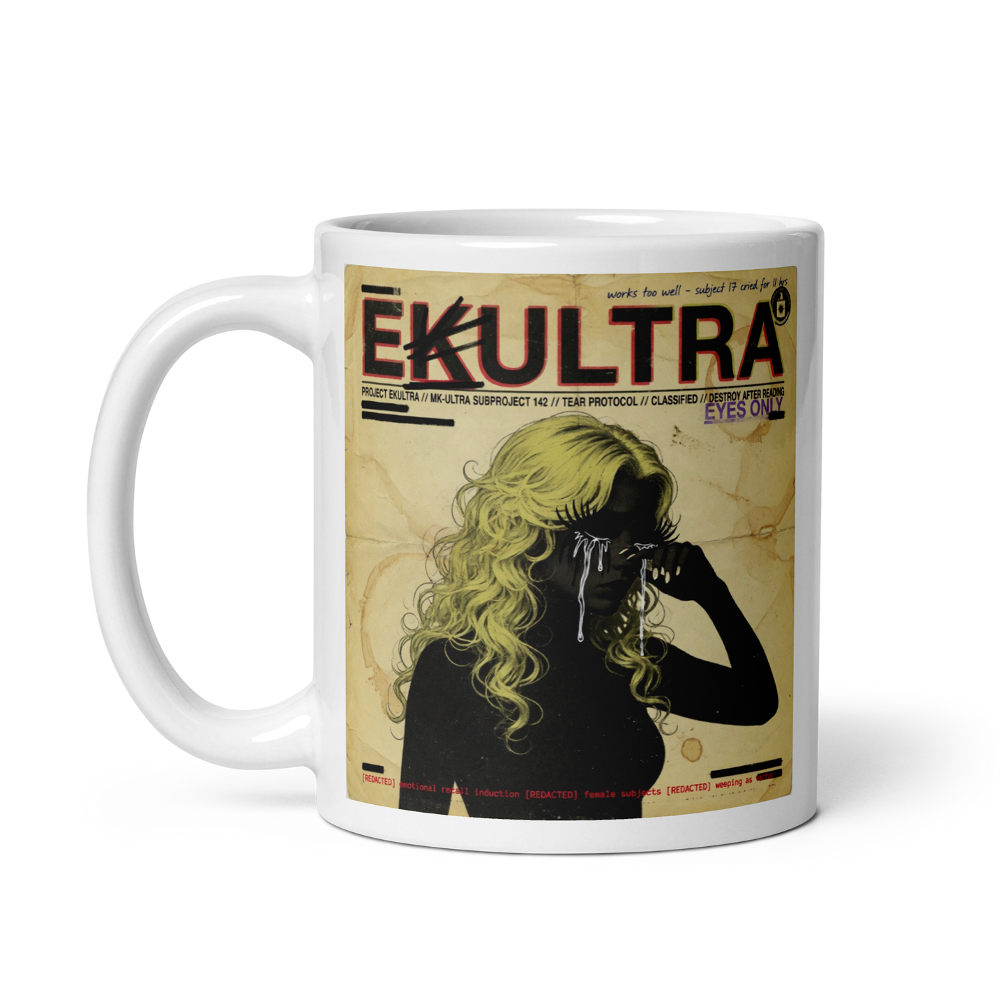 EK Ultra Tear Protocol Mug — Subproject 142 Tear Protocol classified design — left side view — Conspiracy Den