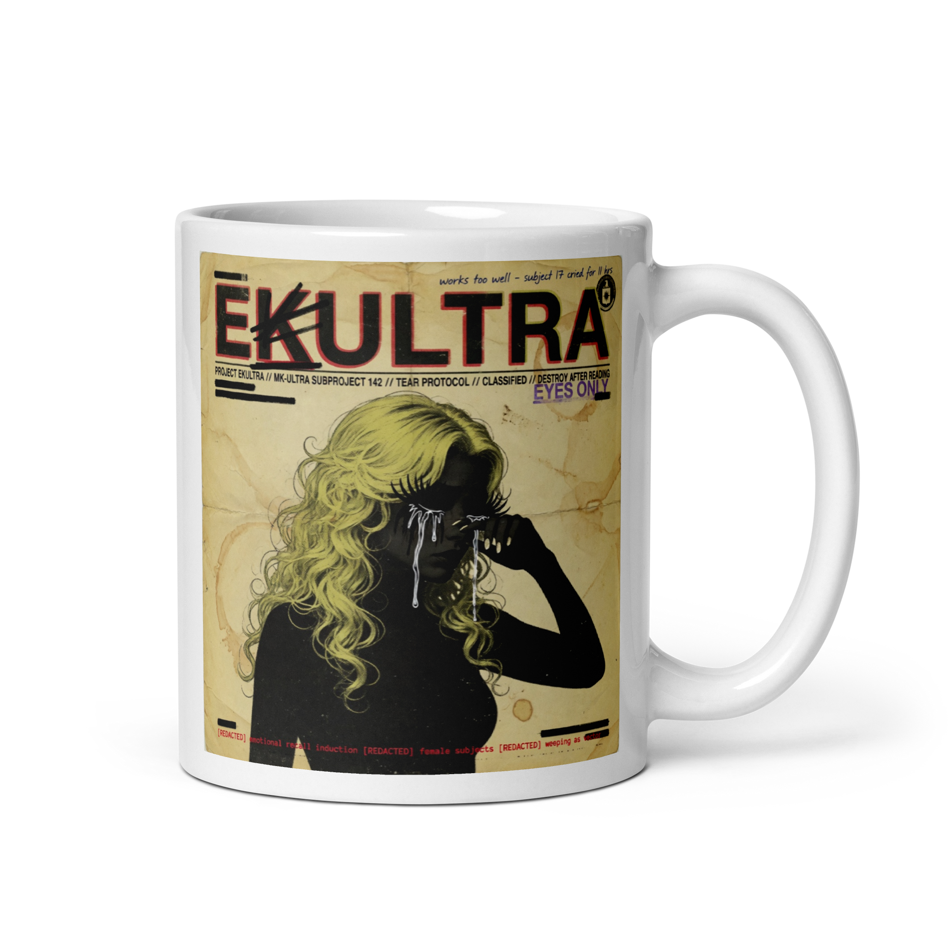 EK Ultra Tear Protocol Mug — Subproject 142 Tear Protocol classified design — right side view — Conspiracy Den