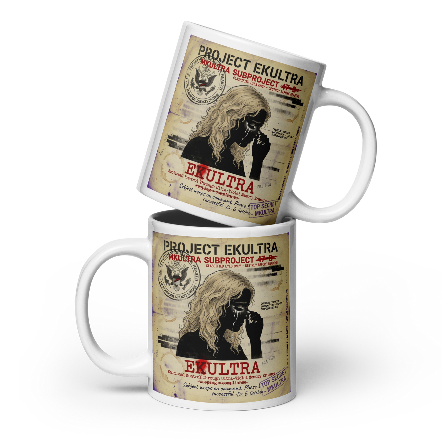 EK Ultra Emotional Kontrol Mug — Subproject 47-B classified document design — 20oz view — Conspiracy Den